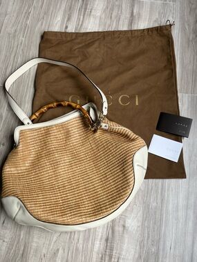 Gucci Cream and Tan Bamboo-Handle Shoulder Hobo Bag